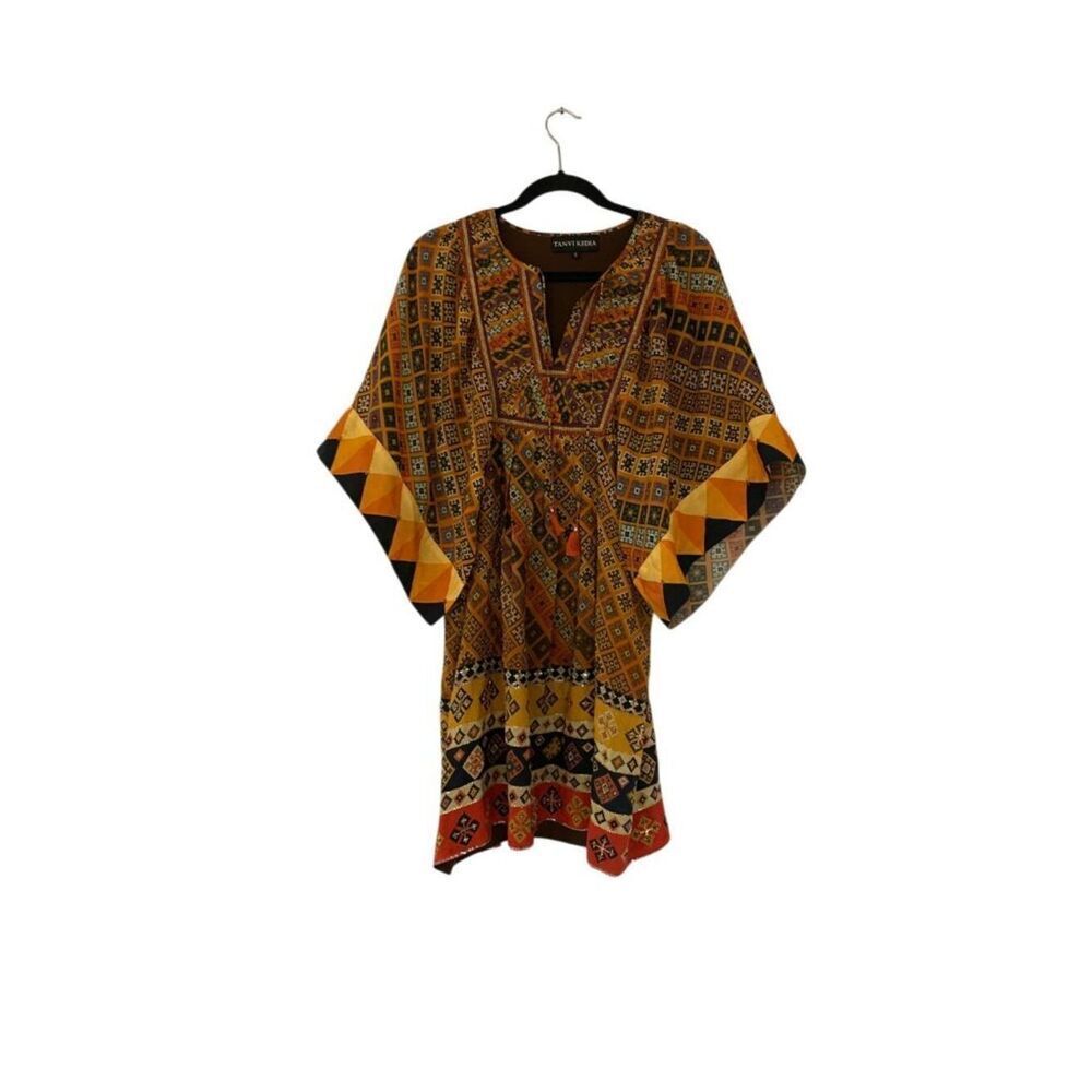Tanvi Kedia Womens Mini Dress Small Brown Pleated Sumana Kimono Sleeve Boho